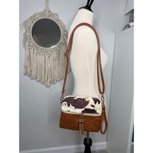 Women's Boho Western Brown Faux Leather Cow Calf Hair Tassel Crossbody Purse Bag